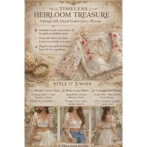 Vintage Silk Hand Embroidery Blouse Ivory Gold Pink Beaded Bridal Crop Choli Top